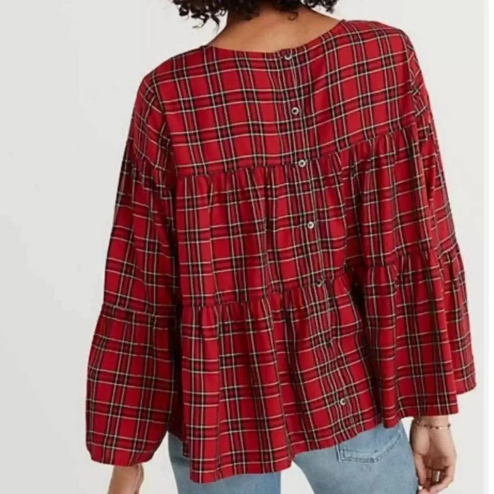 Madewell Red Plaid Tiered Button Back Swing Top Size Small